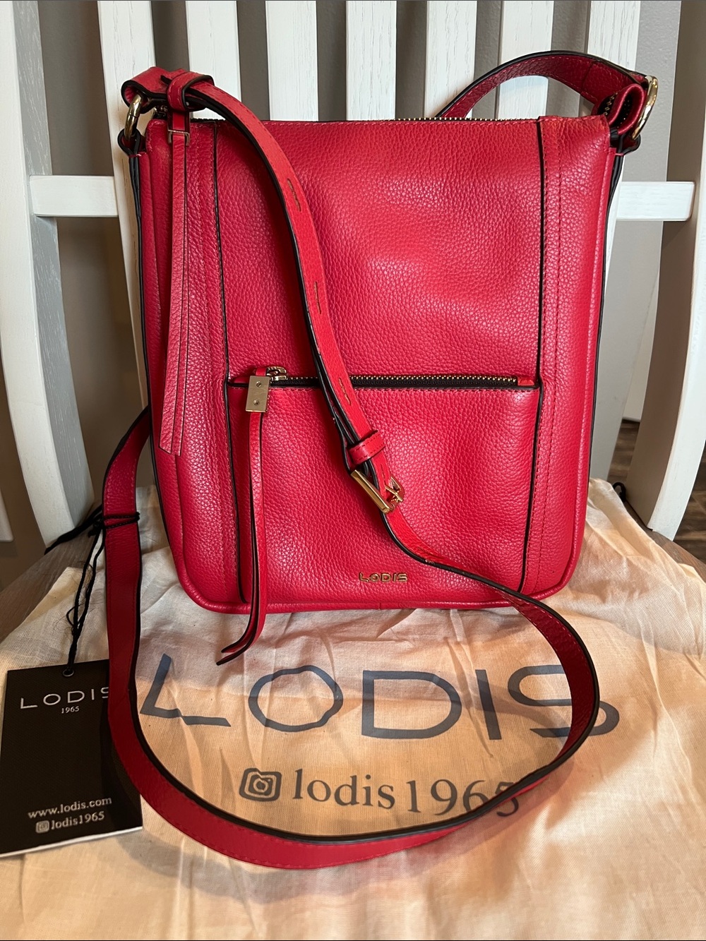 Lodis Red Pebbled Leather Crossbody with Front Zip Pocket
